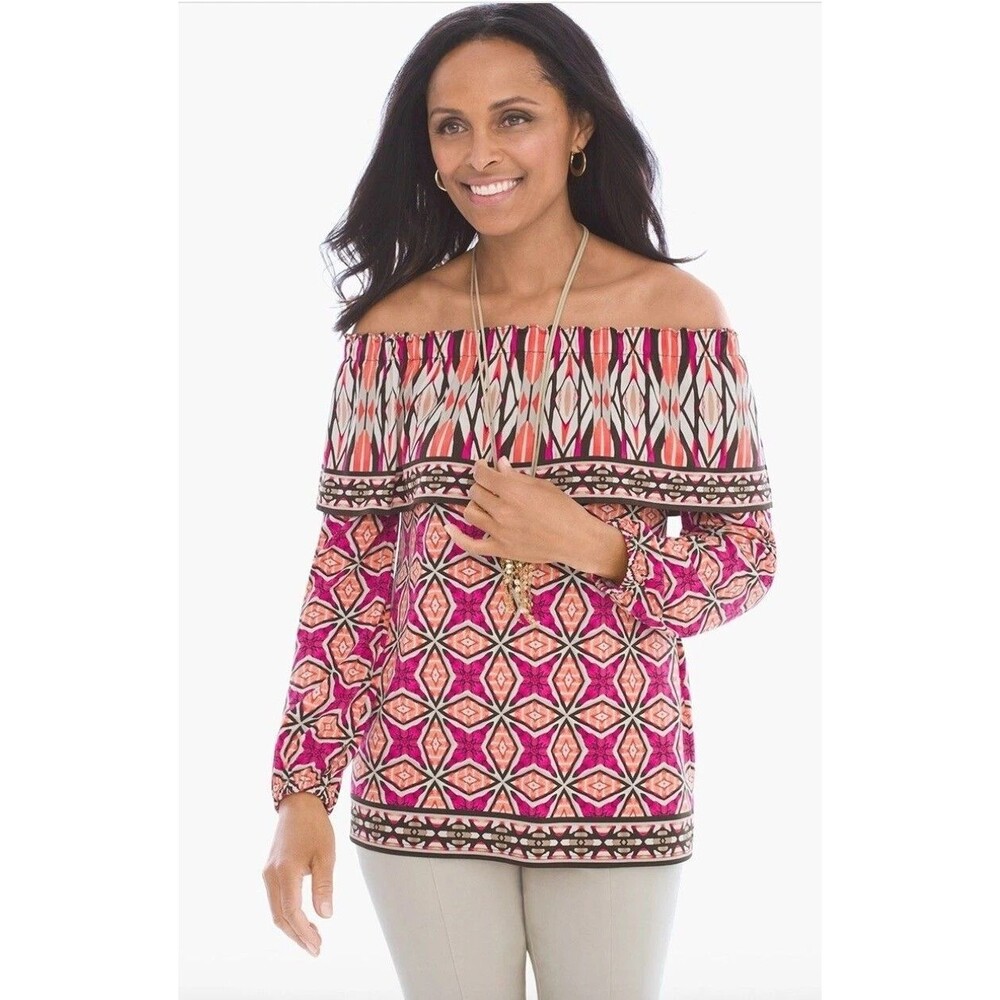 Chico's Shirt Top Geometric Off-Shoulder Blouse Stretch Size 1 Womens Medium